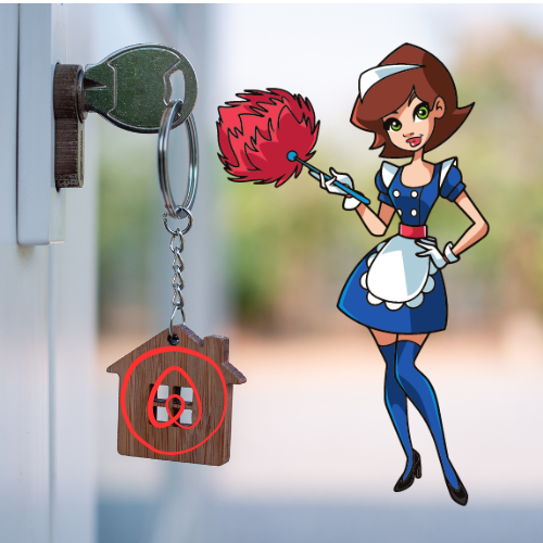 Holiday rental key in Sunshine Coast home with The Maids logo – ready for professional Airbnb cleaning handover