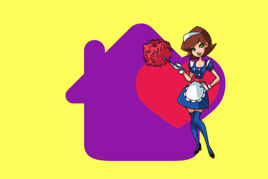 Yellow back ground with purple house placed in the centre overlayed by The Maids Sunshine coast logo