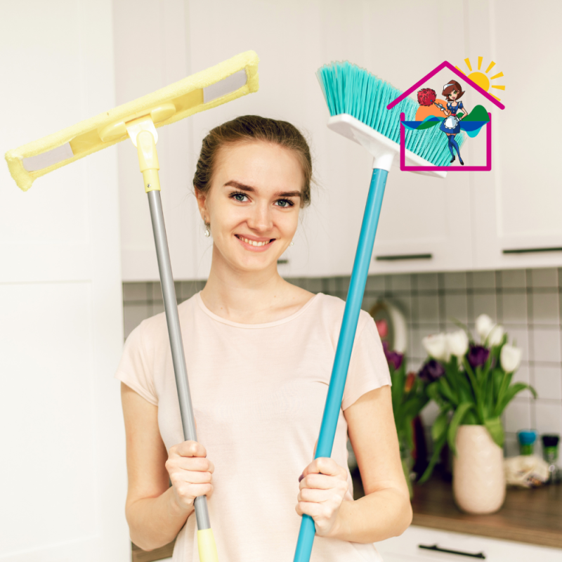 Sunshine Coast cleaner with mop and broom ready to clean Airbnb holiday house – The Maids Sunshine Coast
